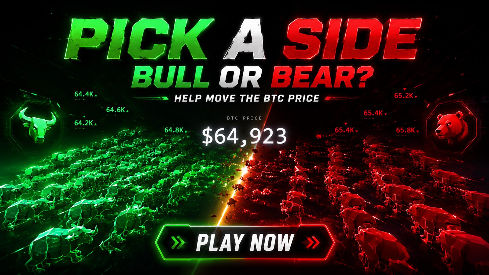 BTC Battlefront: green bulls charging from the left, red bears from the right, and the live Bitcoin price between them